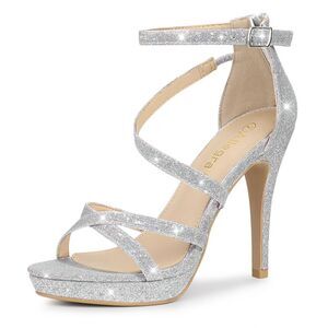 Platform Glitter Strappy Stiletto Heels Sandals Silver